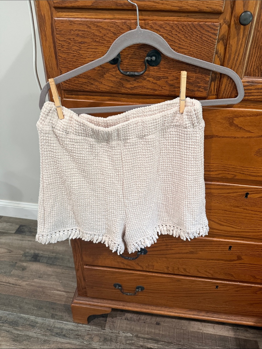 Impressions Cream Waffle Knit High Waist Fringe Shorts